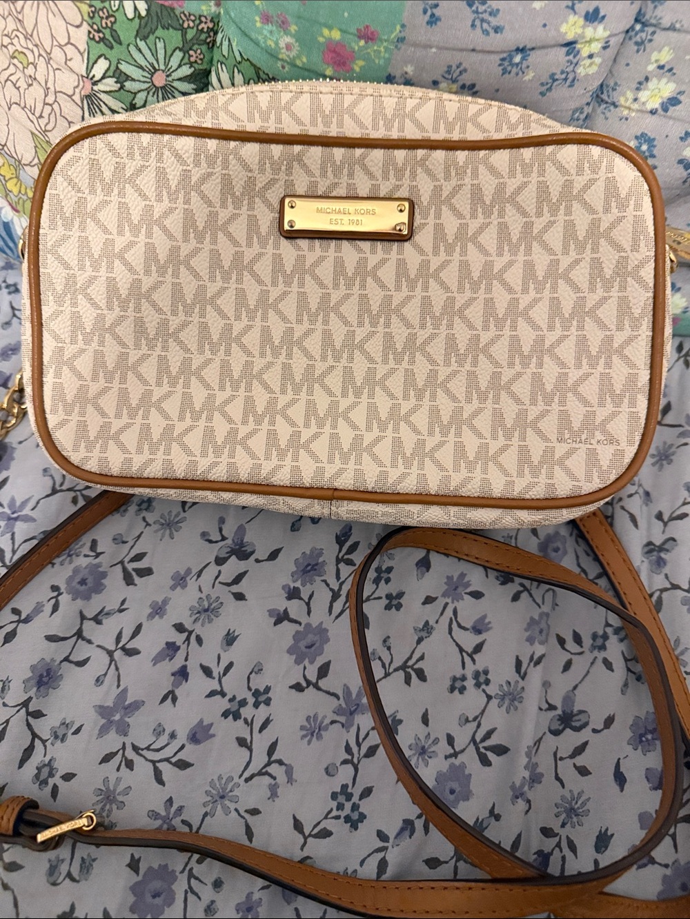 Michael Kors Jet Set Medium Cream Logo Crossbody with Tan Trim